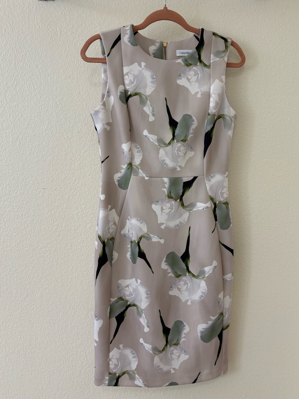 Calvin Klein Taupe Floral Sheath Dress with White and Green Accents